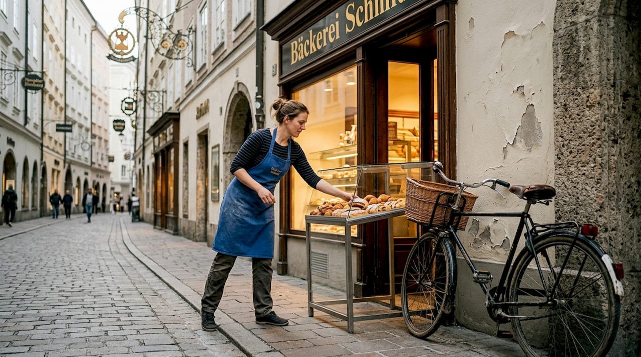 Bakery worker sets up on Salzburg Old Town street