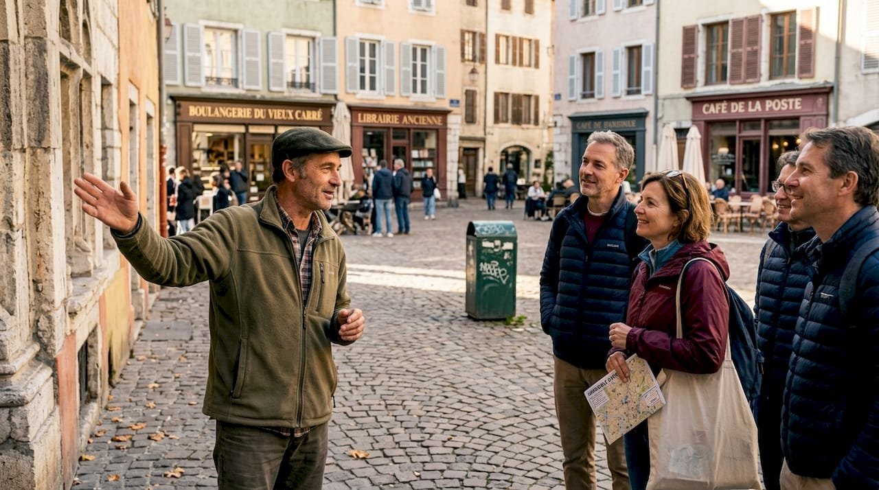 Local guide leads tourist group in historic European city