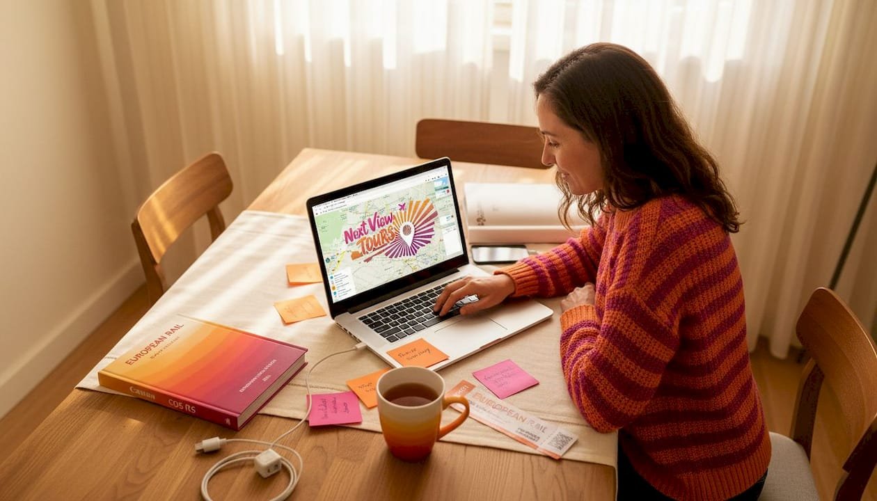Woman planning itinerary at apartment table