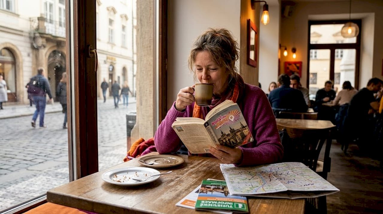 Traveler reading guidebook in Prague café