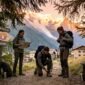 Hikers preparing on European mountain trail
