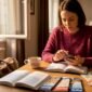 Woman planning European day trips at hotel desk