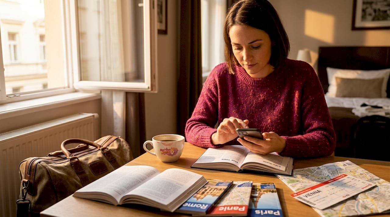 Woman planning European day trips at hotel desk