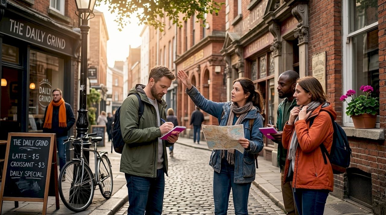 Travelers with guide on European city street