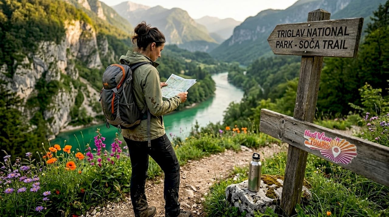 Hiker preparing at Soča Valley trailhead
