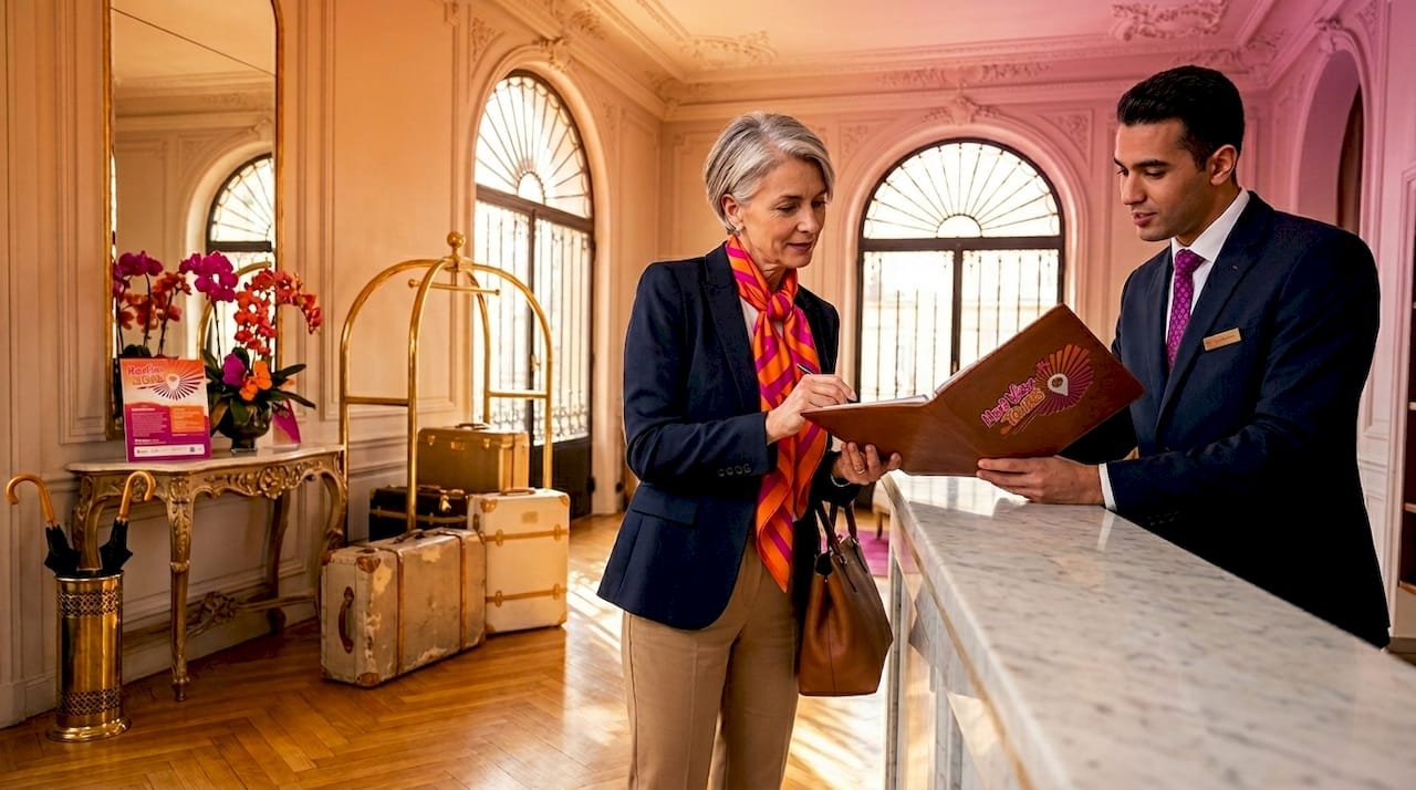 Guest reviews itinerary at luxury hotel lobby