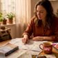 Woman planning Europe trip at kitchen table