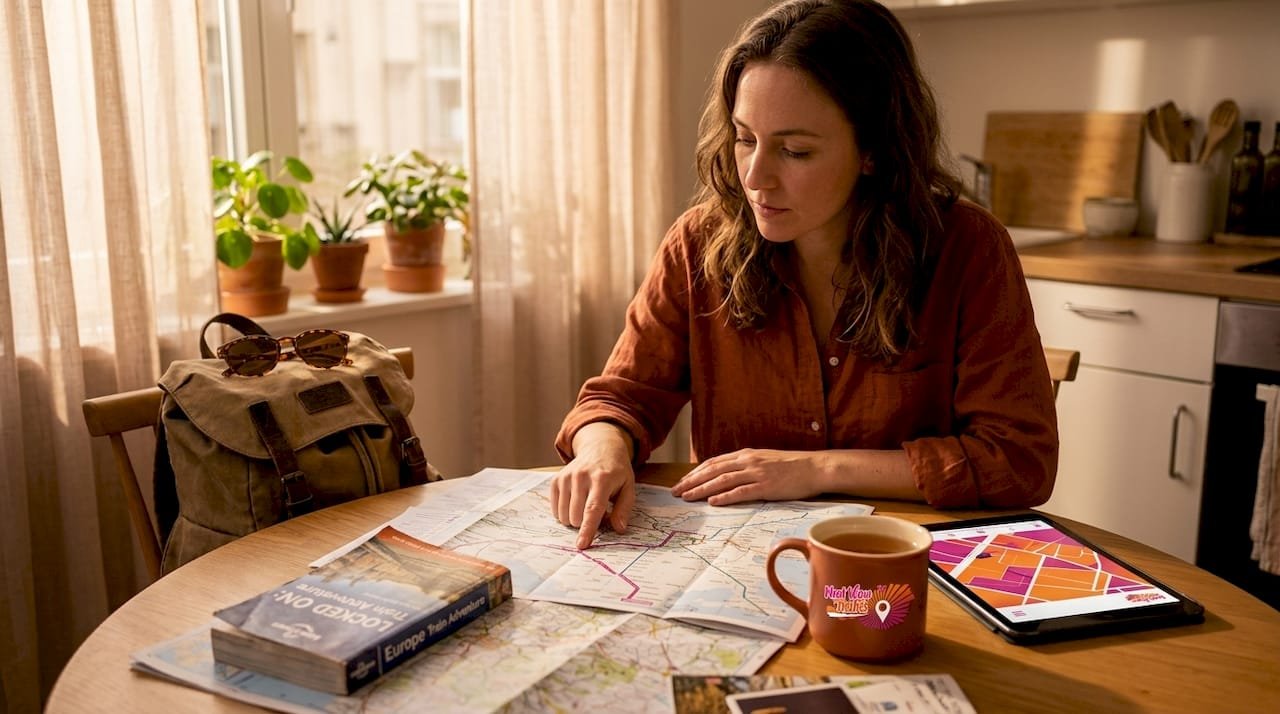 Woman planning Europe trip at kitchen table