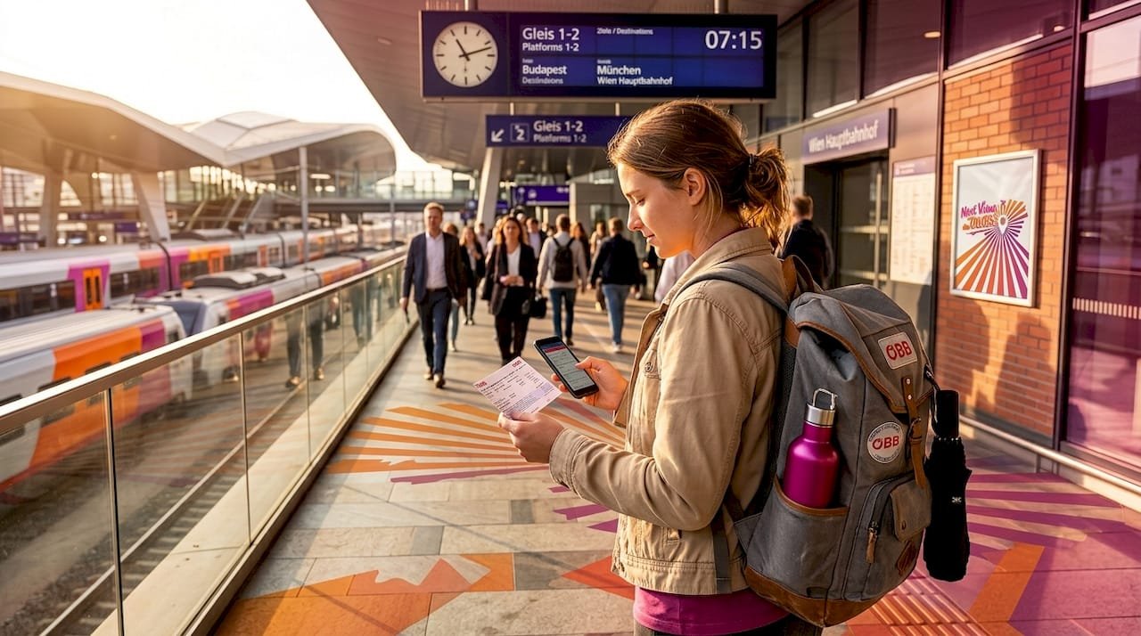 Traveler checking ticket at Vienna Hauptbahnhof