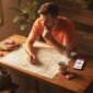 Man planning nature adventure trip at home table