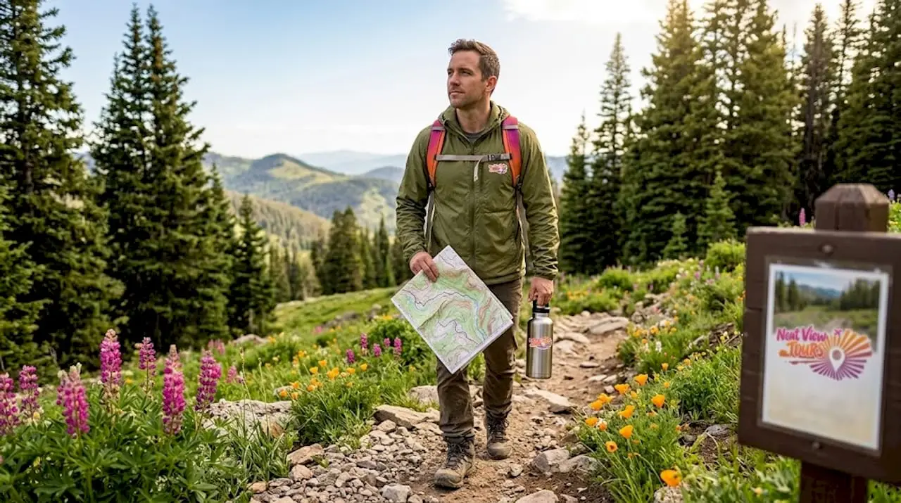 Man trekking through suburban forest trail