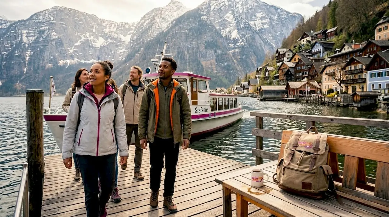 Travelers arriving at Hallstatt village dock