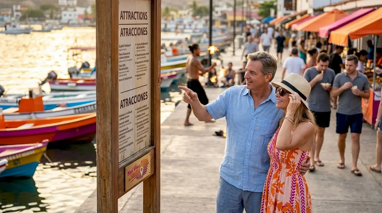 Travelers reading sign in historic city plaza