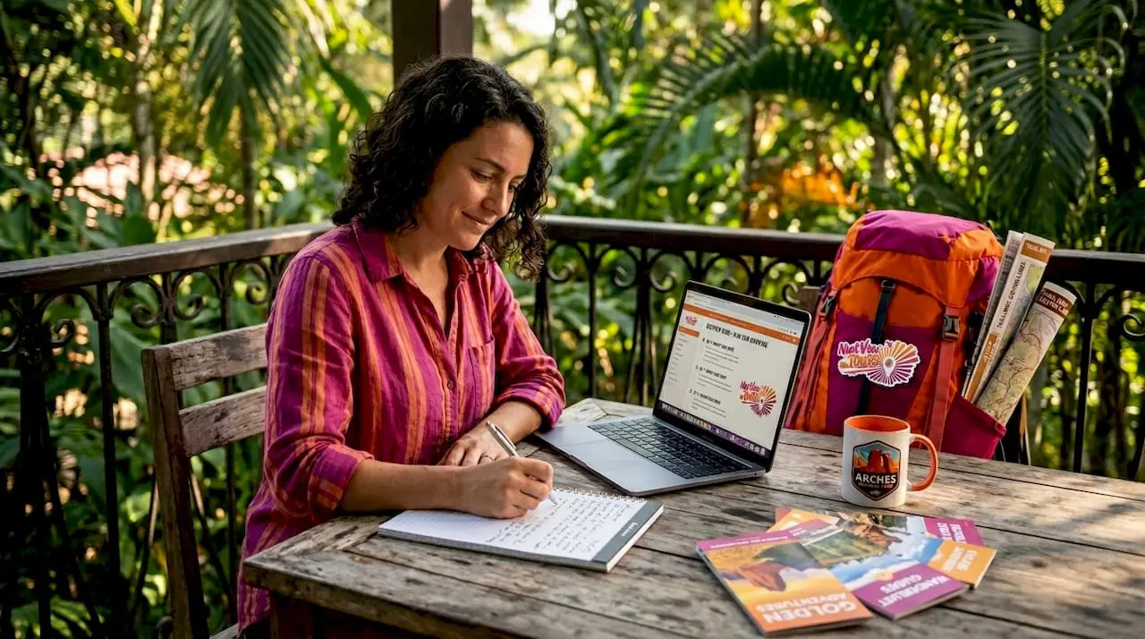 Woman planning nature tour at home desk