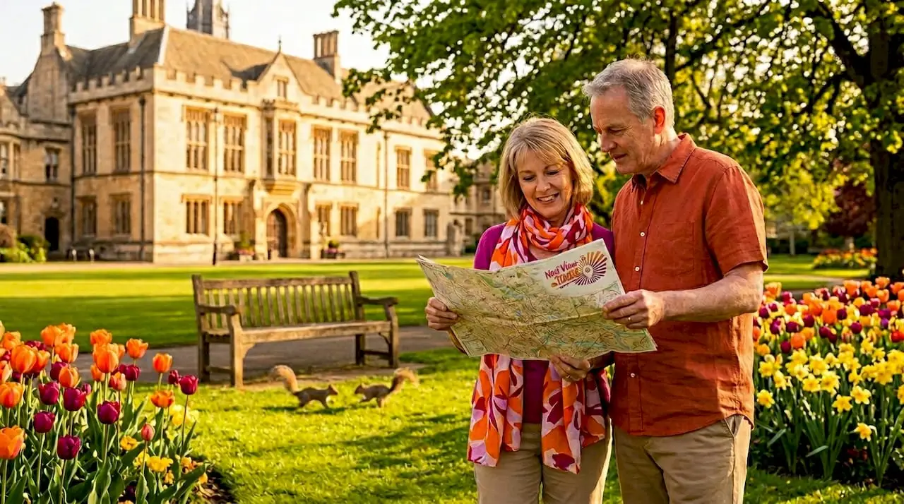 Travelers exploring historic city plaza