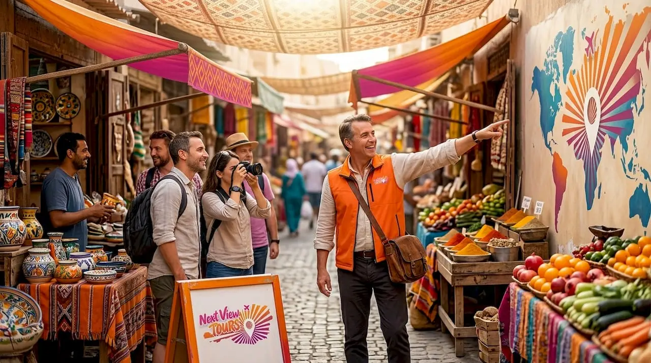 Travel guide leading tourists in city square