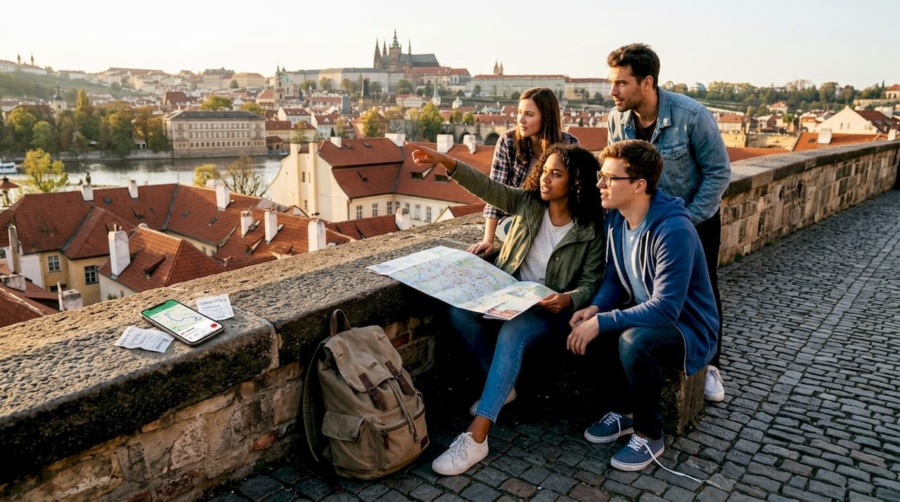 Students exploring historic Prague on educational trip