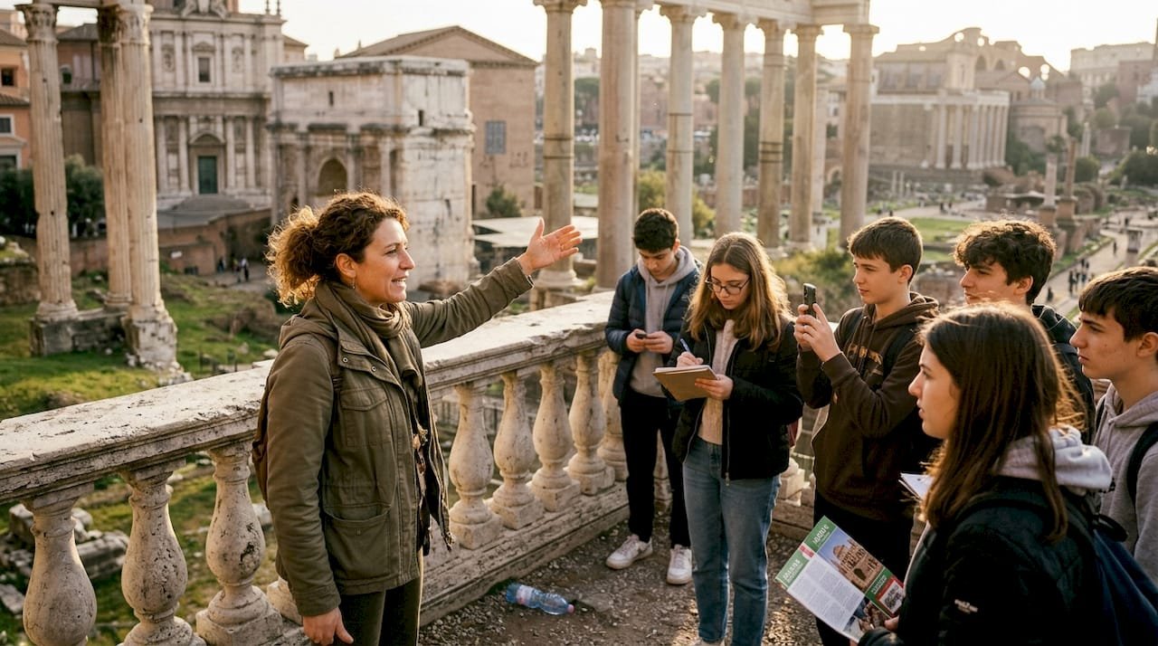 Educational group tour at Roman Forum ruins