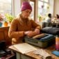 Traveler packing winter essentials indoors