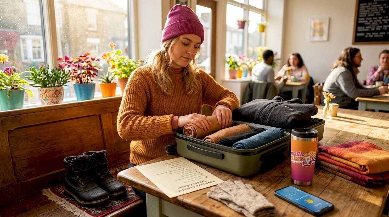 Traveler packing winter essentials indoors