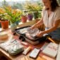 Traveler packing summer essentials at home