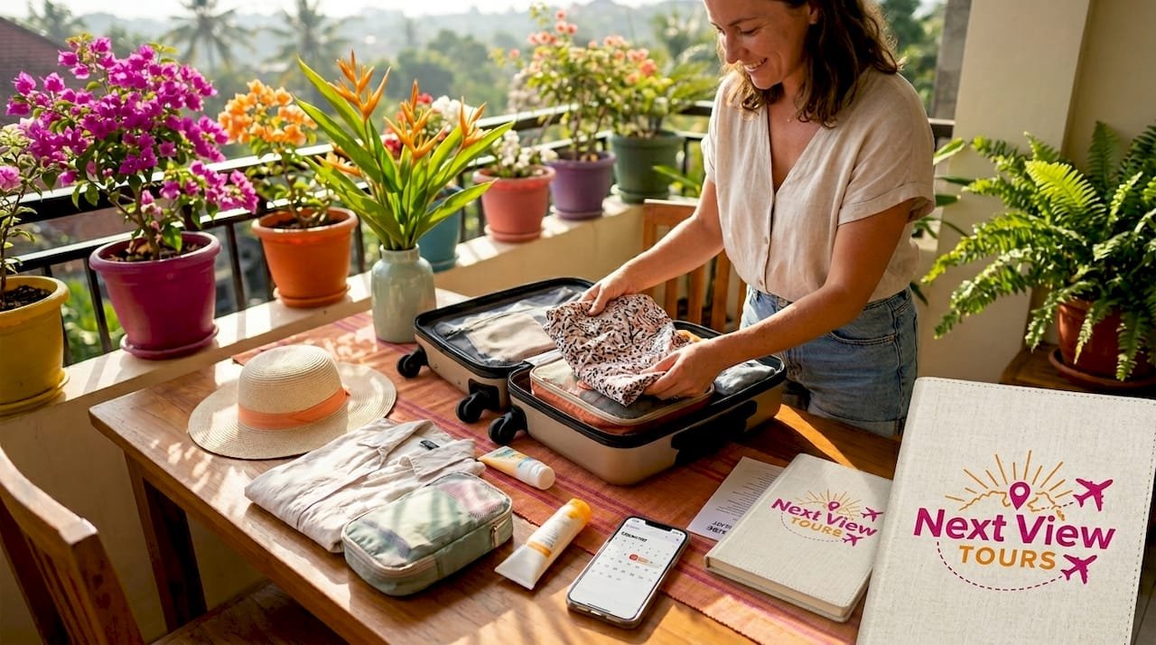 Traveler packing summer essentials at home