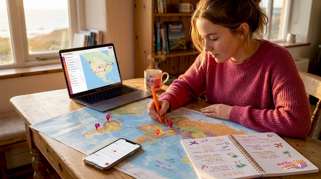 Traveler marking multi-day tour route on map
