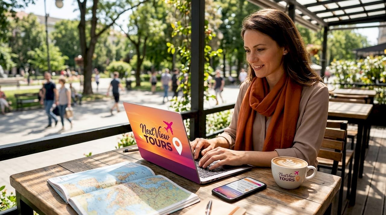 Traveler booking tours on laptop at cafe