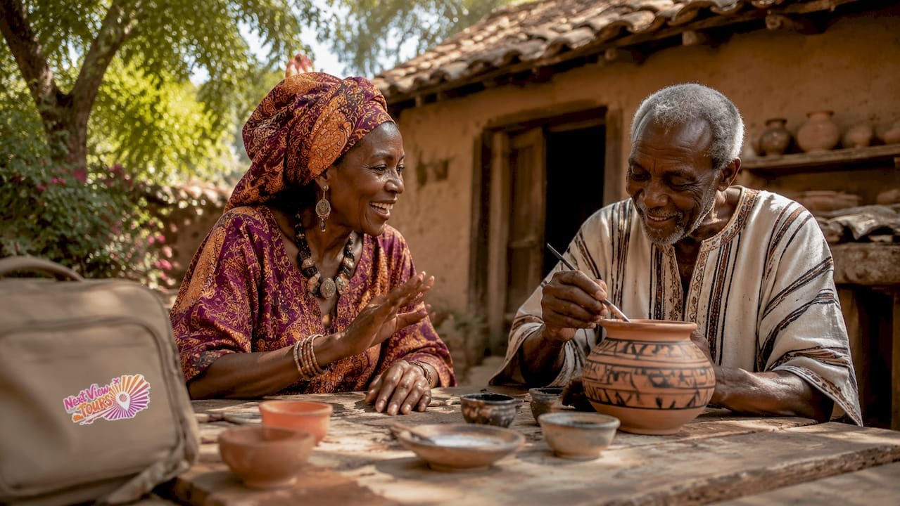 Traveler engaging in local artisan weaving