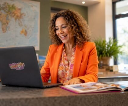 Travel consultant on video call with client