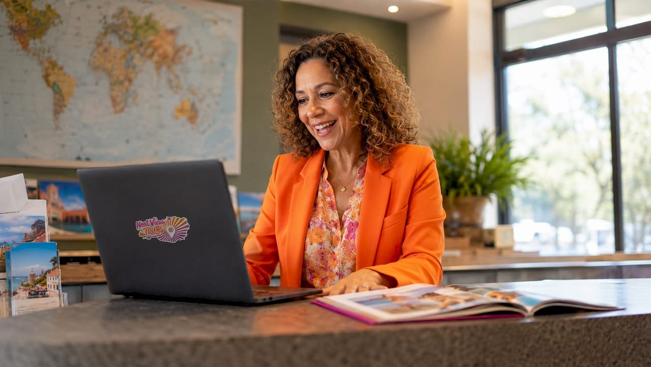 Travel consultant on video call with client