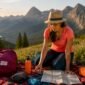 Hiker packing essential gear outdoors by river