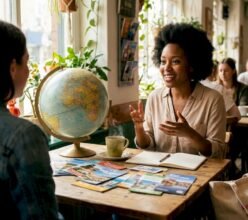 Travel advisor discussing trip plans with client