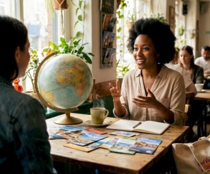 Travel advisor discussing trip plans with client
