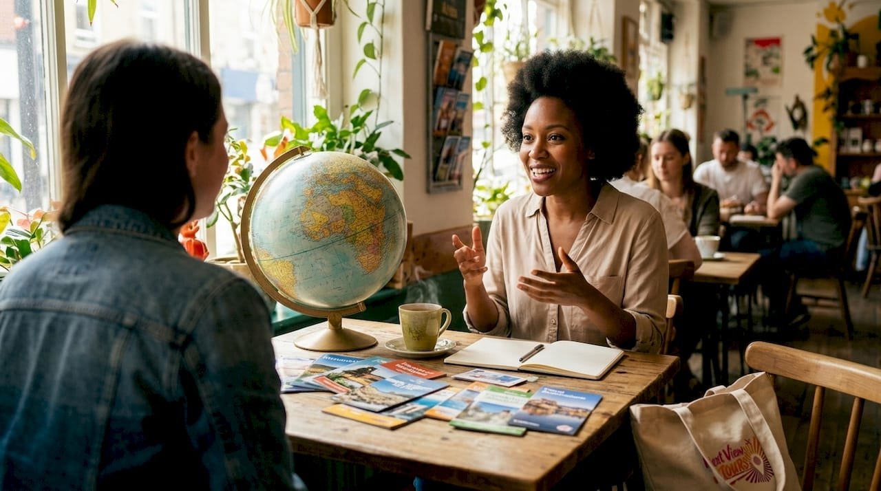 Travel advisor discussing trip plans with client