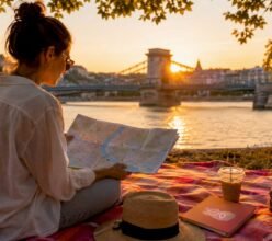 Traveler studying Budapest map at outdoor café