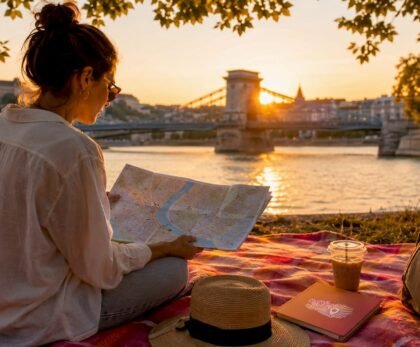 Traveler studying Budapest map at outdoor café