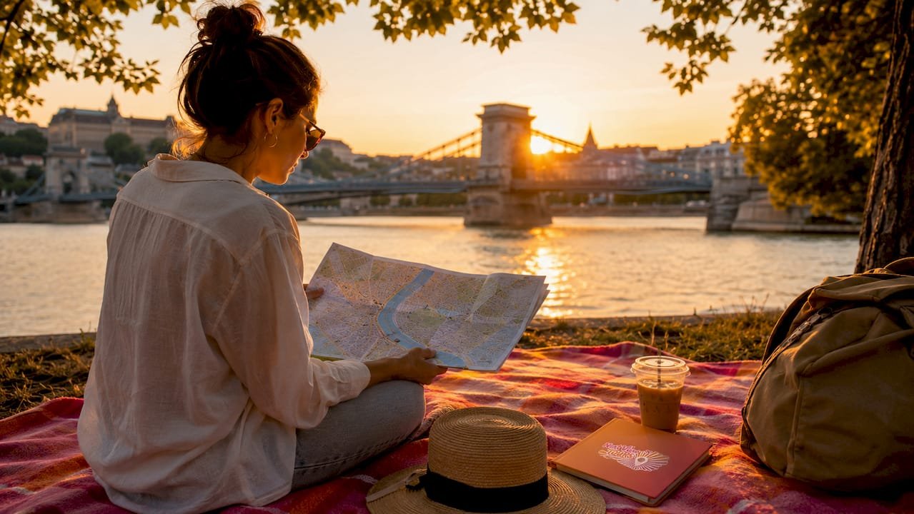 Traveler studying Budapest map at outdoor café