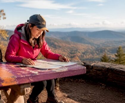 Woman examining map in forest trailhead
