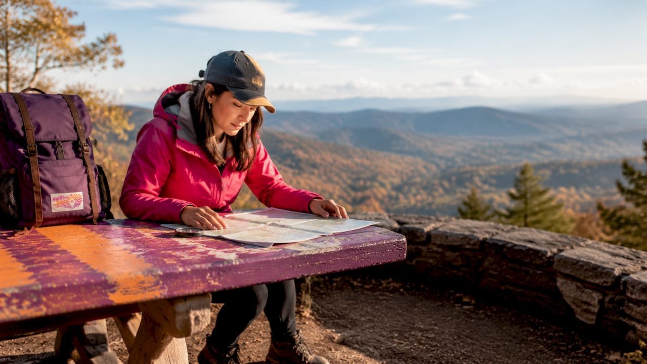 Woman examining map in forest trailhead