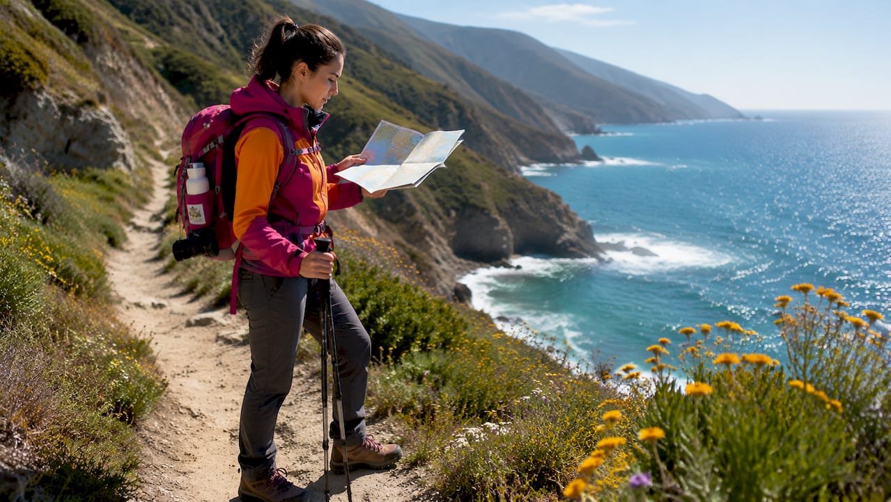 Woman hiking mountain trail in forest