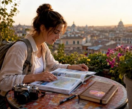 Traveler planning Europe trip with guidebook