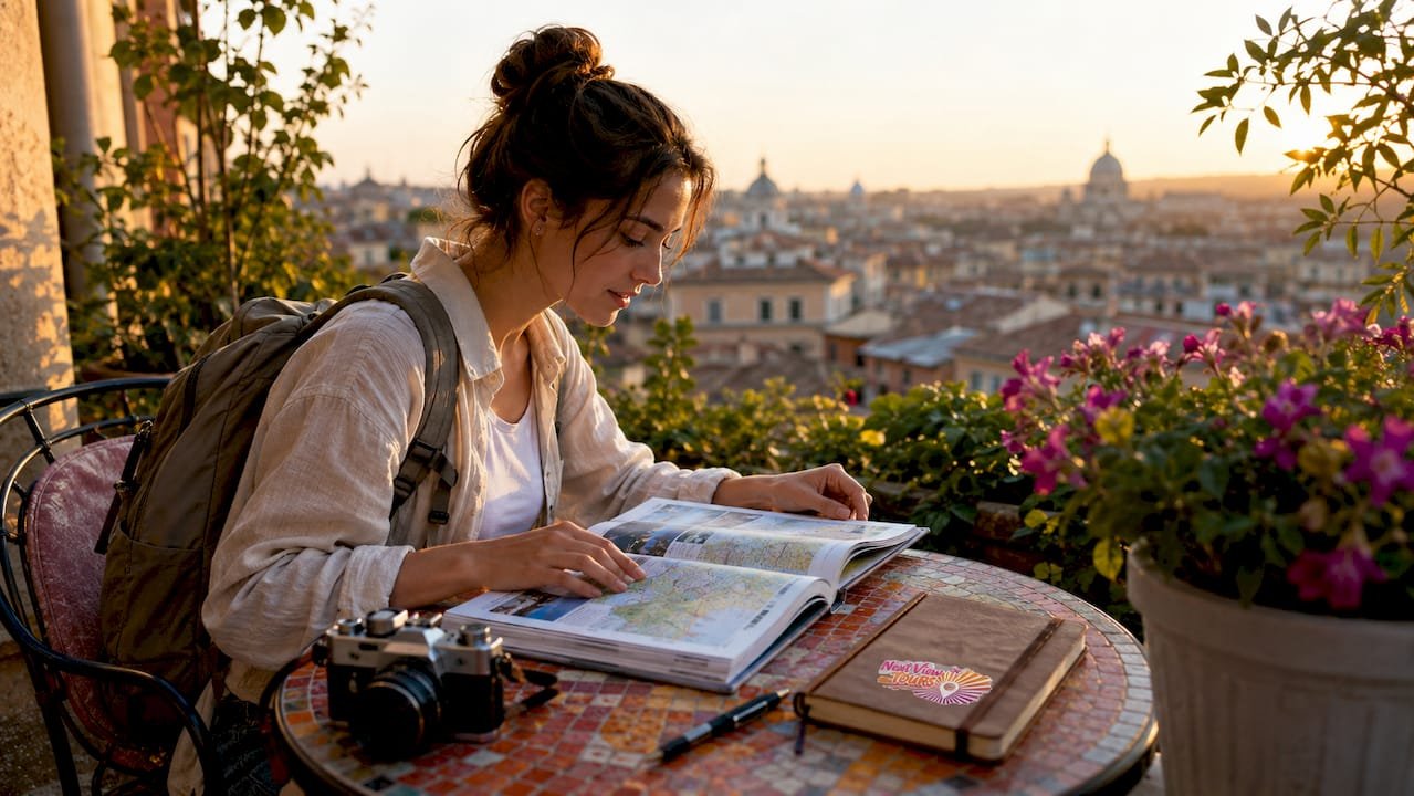 Traveler planning Europe trip with guidebook