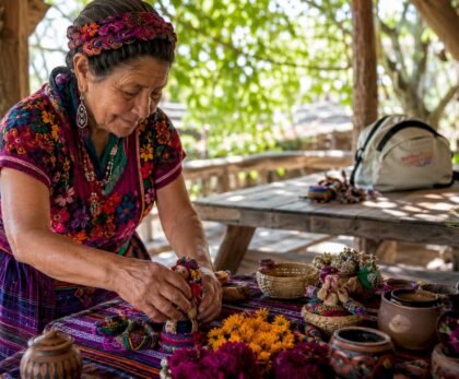 Elderly woman preparing traditional festival altar