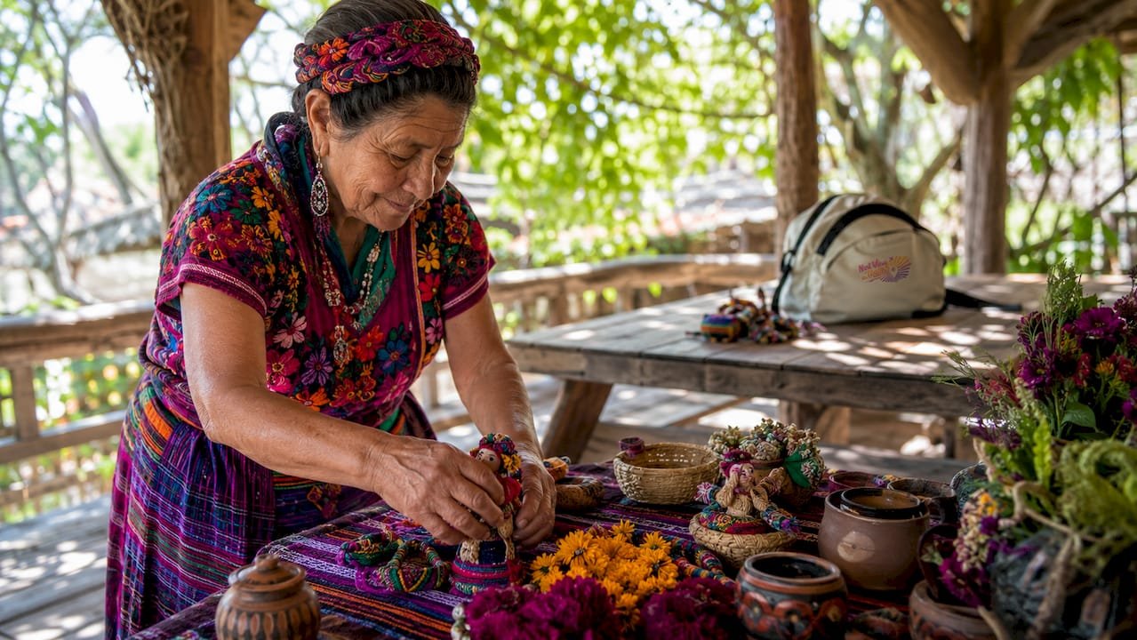 Elderly woman preparing traditional festival altar