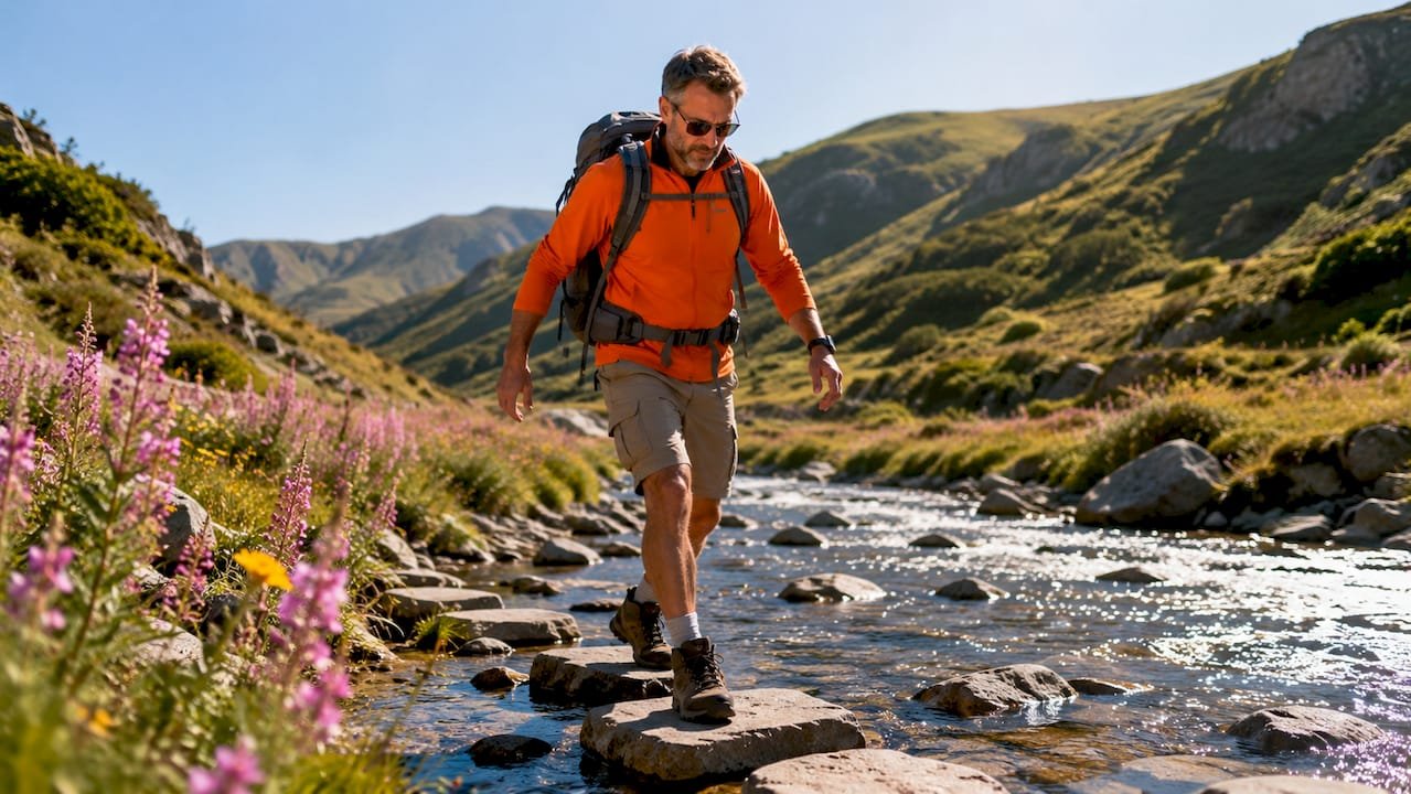 Hiker crossing rocky stream outdoors