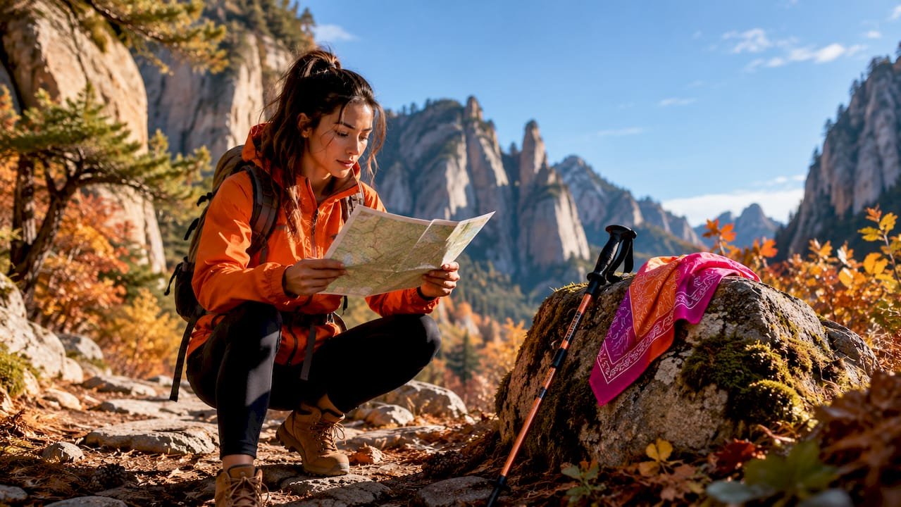 Solo hiker reading map on forest trail
