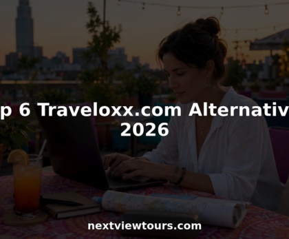 Woman planning travel on laptop in café