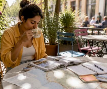 Woman planning Europe travel itinerary at home