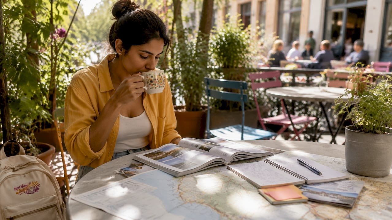 Woman planning Europe travel itinerary at home